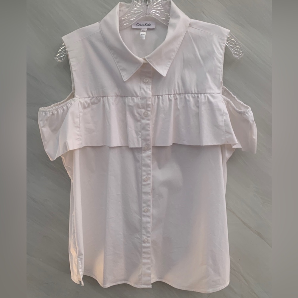 Calvin Klein Women’s L White Collar Cold Shoulder Button Up Blouse